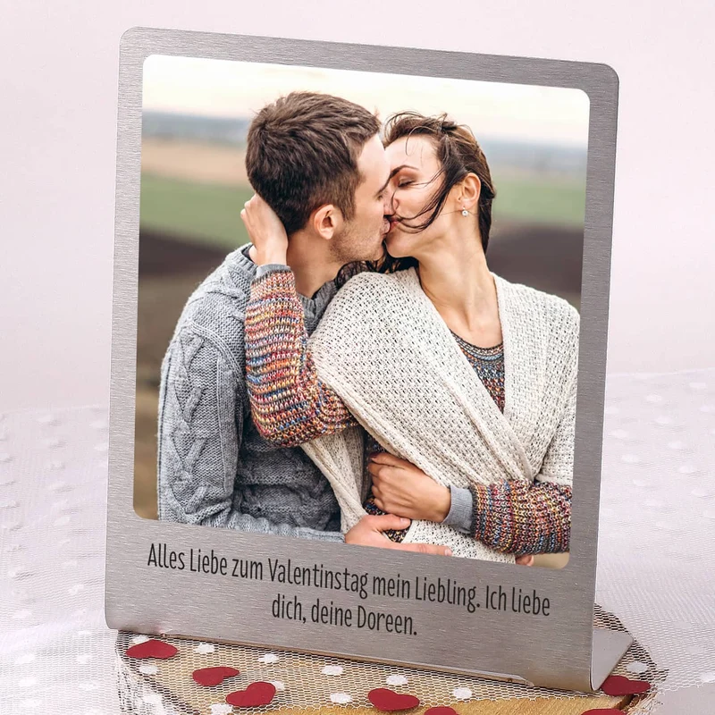Großer Edelstahl Fotorahmen mit Ihrem Lieblingsfoto und Wunschtext bedruckt