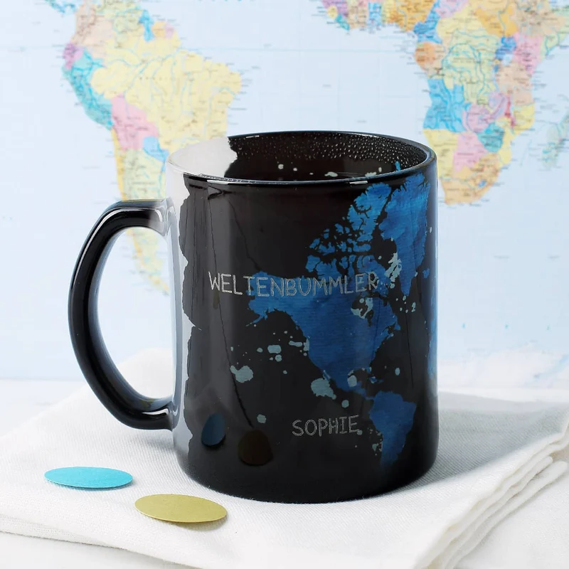 Glastasse mit Magic Effekt und Gravur - Weltenbummler