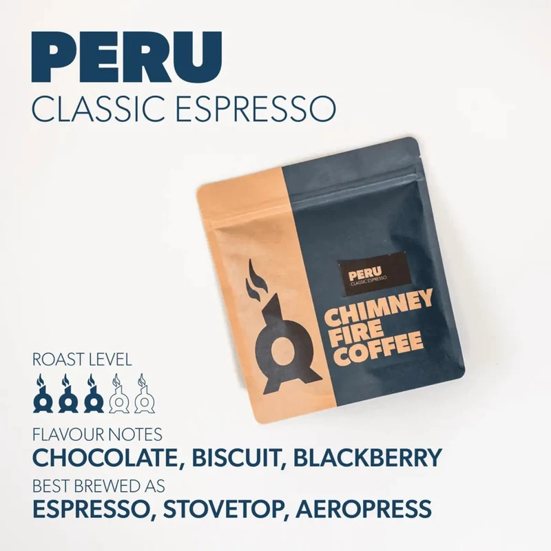 Chimney Fire Peru Coffee Beans - Chocolate, Biscuit, Blackberry