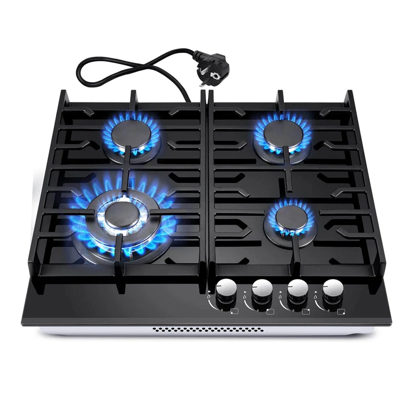 EUGCT-B04- 4 Flammig, 60cm Schwarzes Gehärtetes NG/LPG Glas-Gaskochfeld