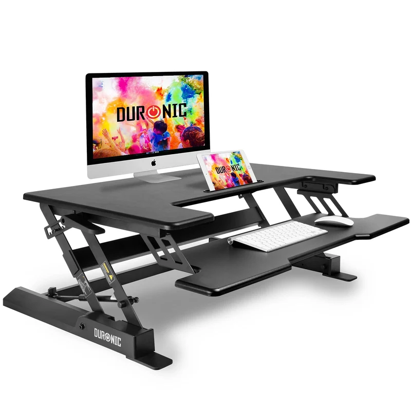 Duronic DM05D1 BK Computertisch - Workstation 92 x 56 cm mit Tastaturablage - Schreibtischaufsatz höhenverstellbar 16 bis 41cm - Stehpult für 2 Monitore und Tablet - Sitz-Steh Schreibtisch für PC