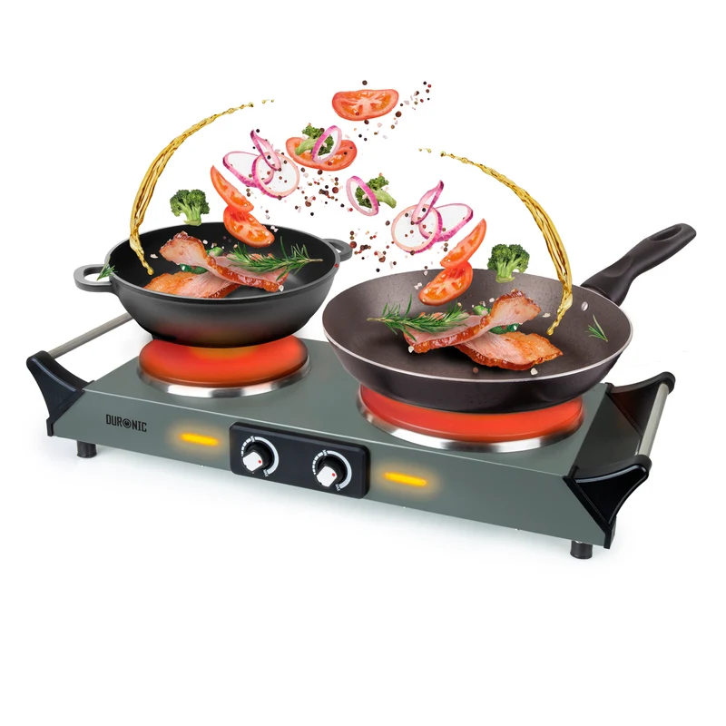 Duronic HP2 GG Doppel Kochplatte, Elektrische Doppelkochplatte mit Griffen 2 Kochfelder stufenlos regelbar, Campingkocher mit Massekochfeld, Tragbare Herdplatte aus Edelstahl für Camping, 2500 W
