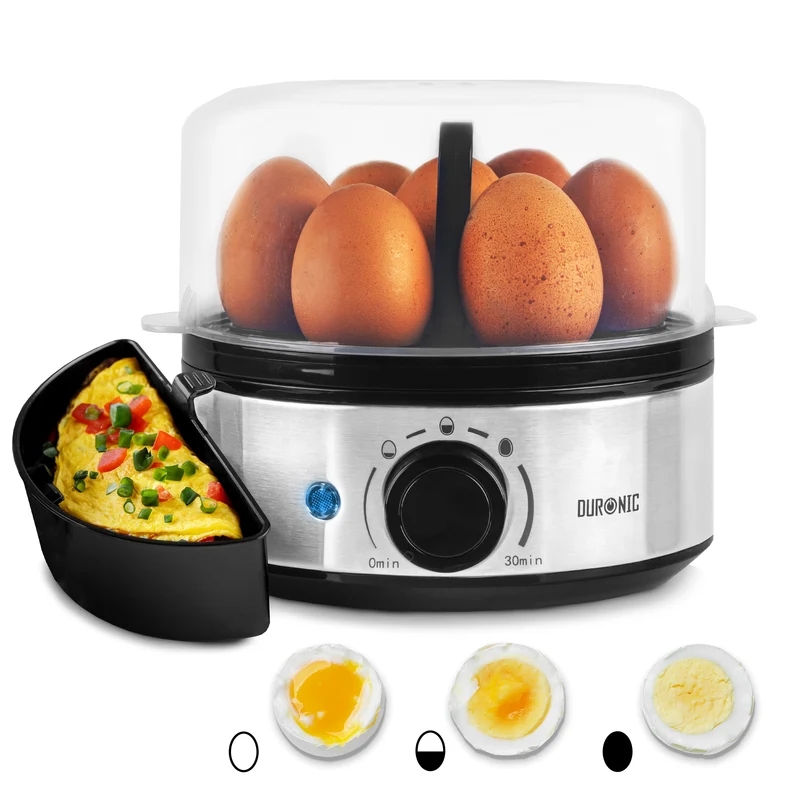 Duronic EB50 BK Eierkocher für 7 Eier, 400 Watt, Härtegrad von weich bis hart, mit Timer, mit Messbecher und Eipick, Frühstücksei für Familie