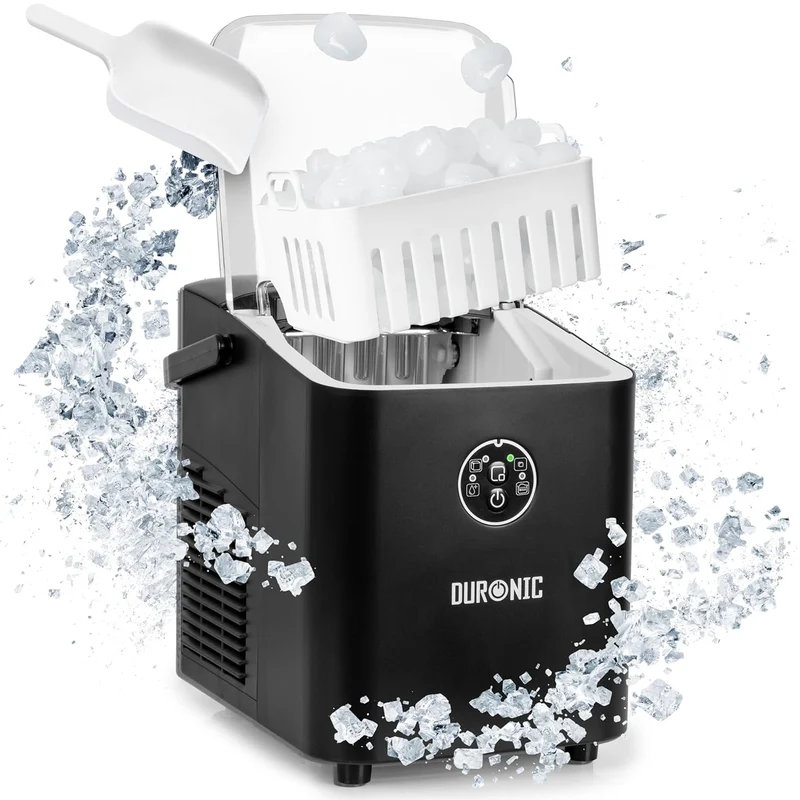 Duronic ICM12 BK Automatische Eiswürfelmaschine | 8 Eiswürfel in 6 - 8 min | 1 L Wassertank | Bis zu 12 kg pro 24 Stunden | Leiser Kompressor bis 54dB | Eismaschine 120W | 1 kg Eis Eiswürfelbereiter