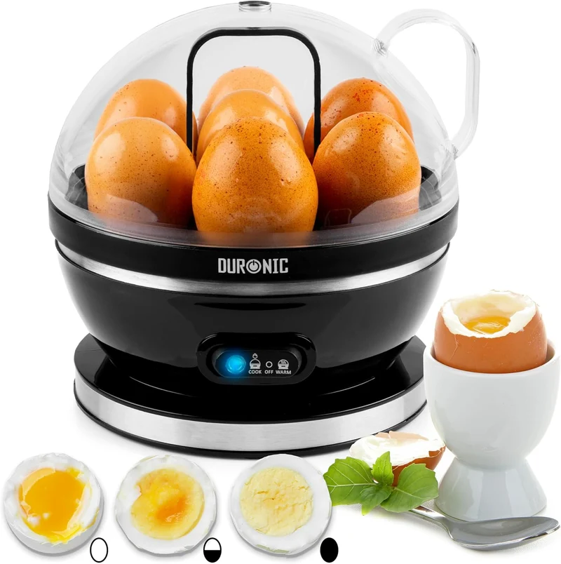 Duronic EB27 BK Eierkocher für bis zu 7 Eier, Elektrischer Egg Boiler 400W Härtegradeinstellung weich, mittel, hart, Timer & Überhitzungsschutz, inkl. Messbecher & Eipick, Perfektes Frühstücksei