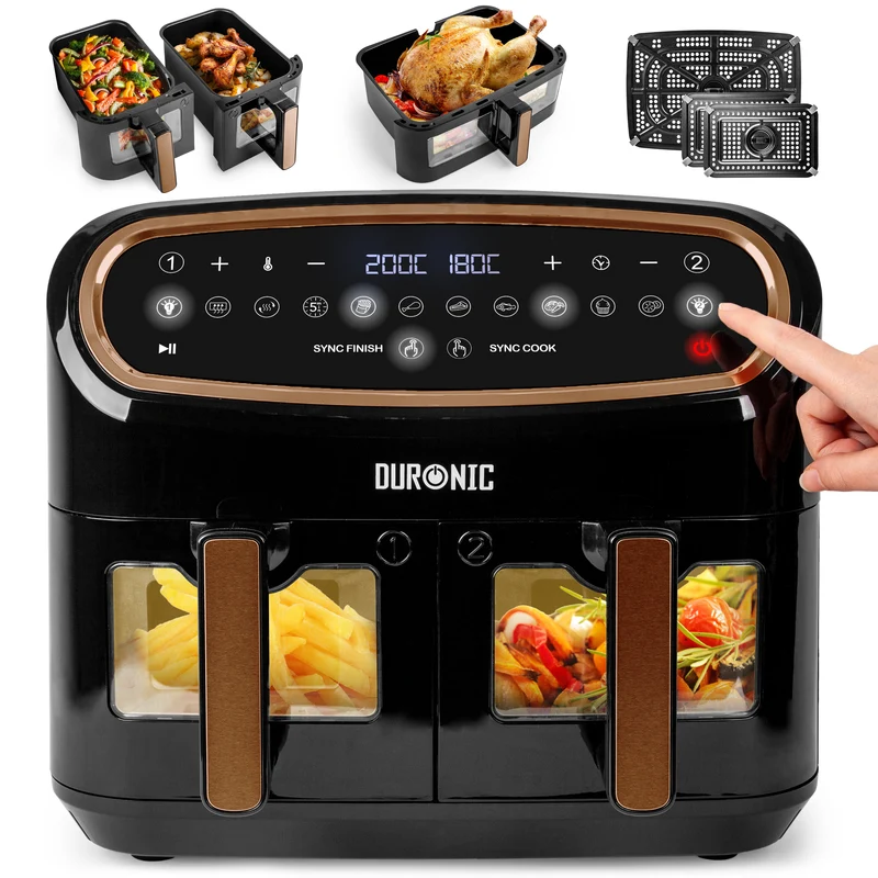 Duronic AF34 BG Dual Air Fryer, Doppel Heißluftfritteuse mit extragroßer Schublade, HLF Heißluftfriteuse für Süßkartoffel Pommes, Frittieren ohne Öl