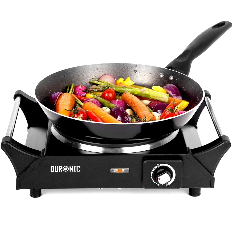 Duronic HP1 BK Herdplatte, Campingkocher mit 1 Kochfeld, Elektro Kochplatte Für Camping, Büro, oder Küche, Doppelkochplatte mit stufenloser Temperatureinstellung, Doppel Kochplatte 1500 Watt