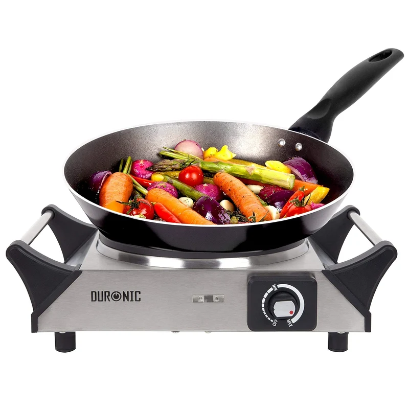 Duronic HP1 SS Herdplatte, Campingkocher mit 1 Kochfeld, Elektro Kochplatte Für Camping, Büro, oder Küche, Doppelkochplatte mit stufenloser Temperatureinstellung, Doppel Kochplatte 1500 Watt