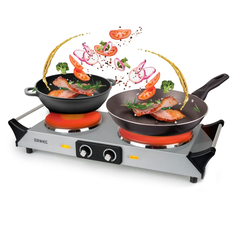 Duronic HP2 SS Doppel Kochplatte, Elektrische Doppelkochplatte mit Griffen 2 Kochfelder stufenlos regelbar, Campingkocher mit Massekochfeld, Tragbare Herdplatte aus Edelstahl für Camping, 2500 W