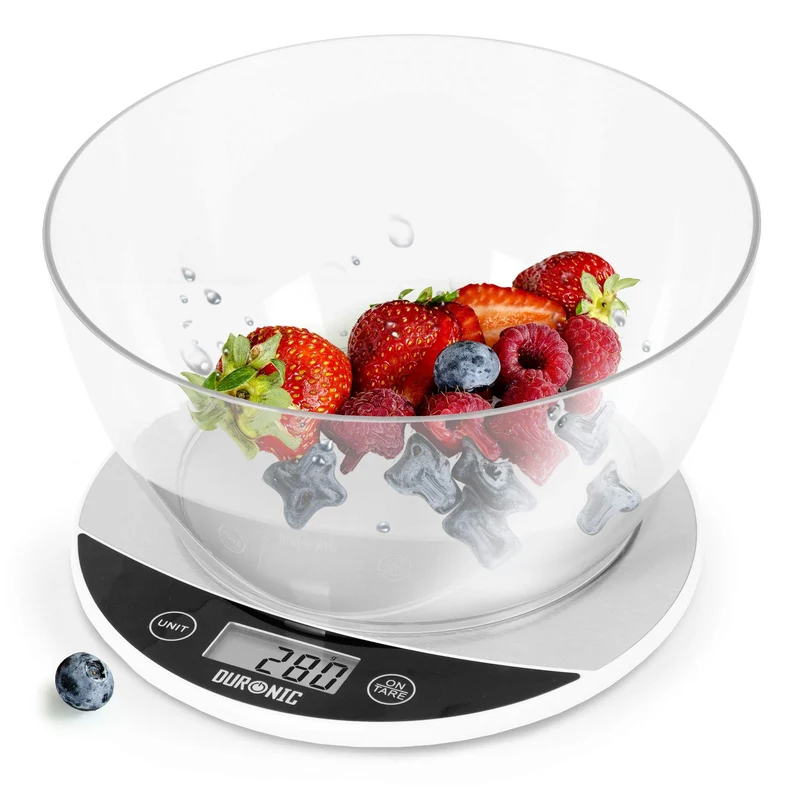 Duronic KS3000 Küchenwaage | 5 kg Digitalwaage rund mit 2 L abnehmbarer Schüssel | 1 g grammgenau Präzision-Feinwaage | Haushaltswaage mit Tara-Funktion | Digitale Waage mit Hold-Funktion | Zum Backen