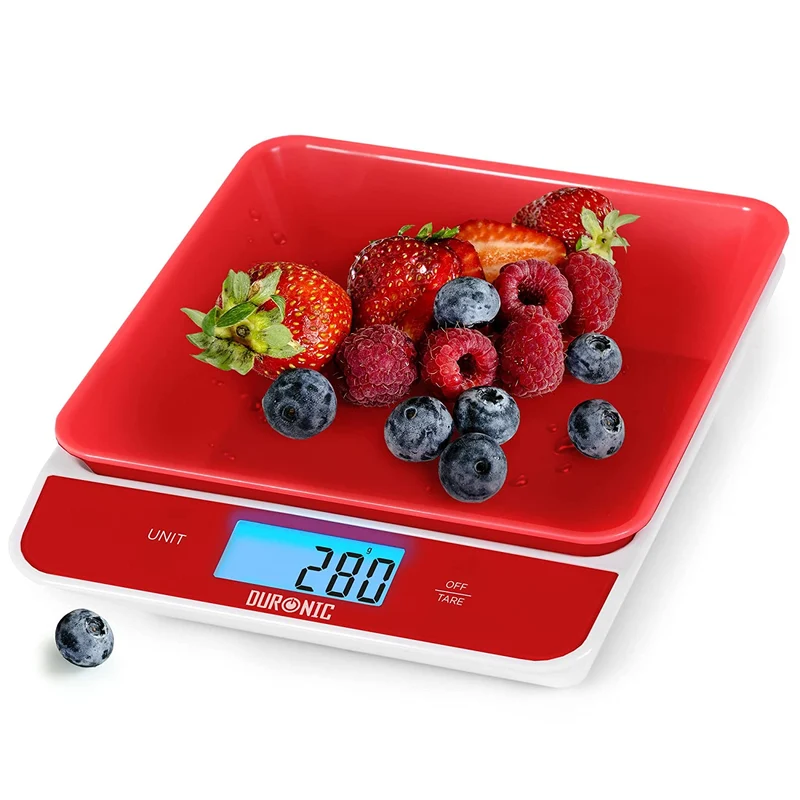 Duronic KS100 RD Küchenwaage | 5 kg Digitalwaage mit 1,2 L abnehmbarer Schüssel | 1 g grammgenau Präzision-Feinwaage | Haushaltswaage mit Tara-Funktion | Digitale Waage mit Hold-Funktion | Zum Kochen