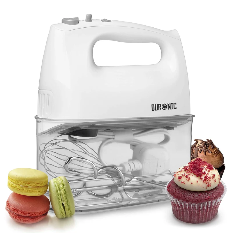 Duronic HM4 WE elektrischer Handmixer 400W, Handrührgerät mit Aufbewahrungsbox, Rührgerät Rührbesen Knethaken Aufbewahrungsbox, Rührmaschine, Küchenmixer, Handrührer, Mixer für Backen, Teig, Weiß