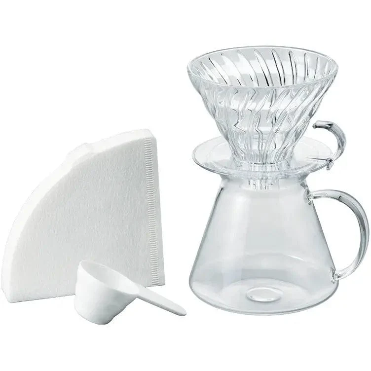 Hario Coffee Dripper V60 Glas Brewing Kit - Set mit Kanne und Filterhalter